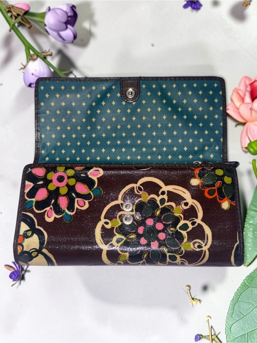 FOSSIL FLORAL PRINT BROWN CLUTCH WALLET ZIP POCKET MULTICOLOR